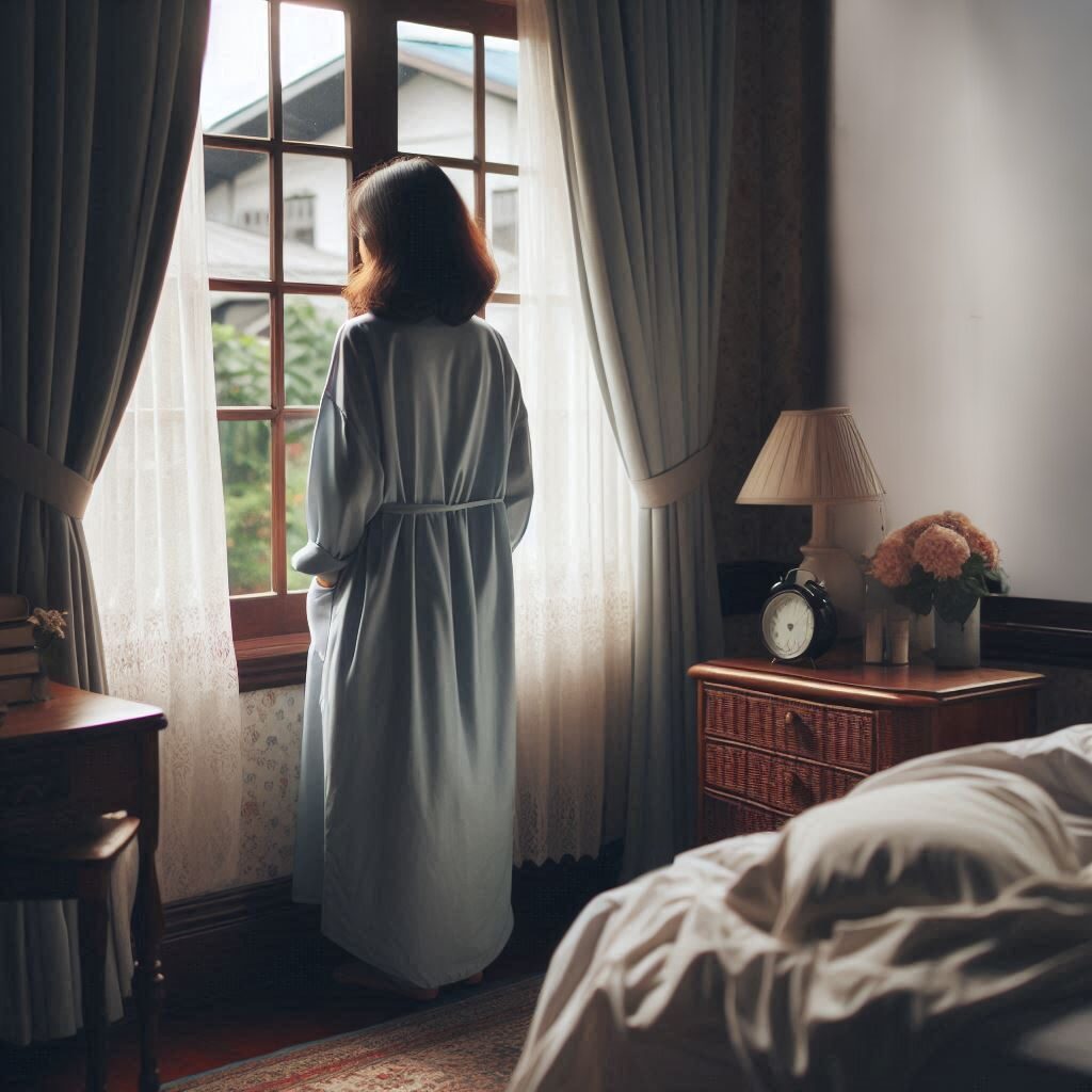 Una señora de unos cincuenta años vestida con la bata de estar por casa mira por la ventana de un dormitorio.