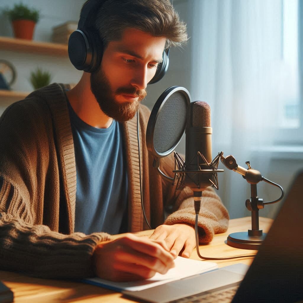 Una persona con auriculares hablando delante de un micrófono