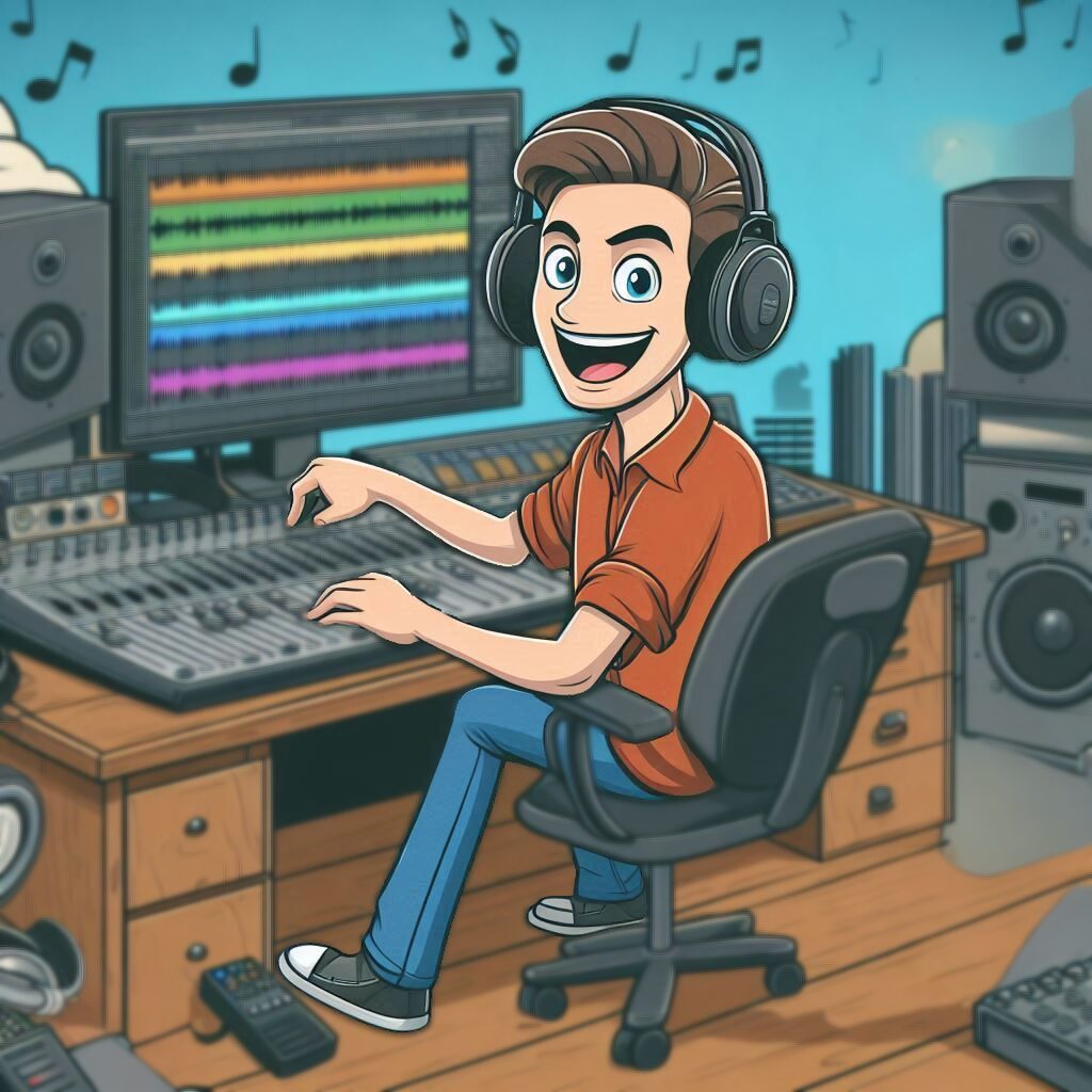 Caricatura de una persona trabajando ante un ordenador de un estudio de grabación